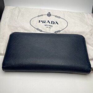 Prada 2ML317 Saffiano Leather Zip Around Wallet - Dark Blue - Preowned